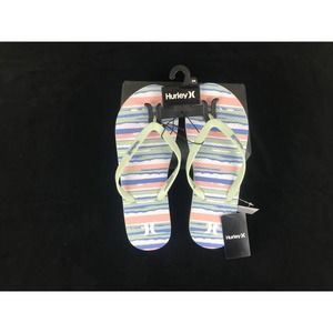 Women's flip flops olive green blue striped Hurley 8M New